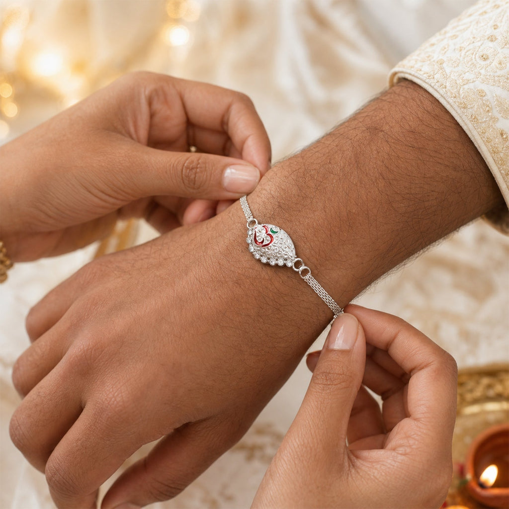 ALVENZA Silver Om Chain Rakhi – Elegant & Lightweight Design for Raksha Bandhan