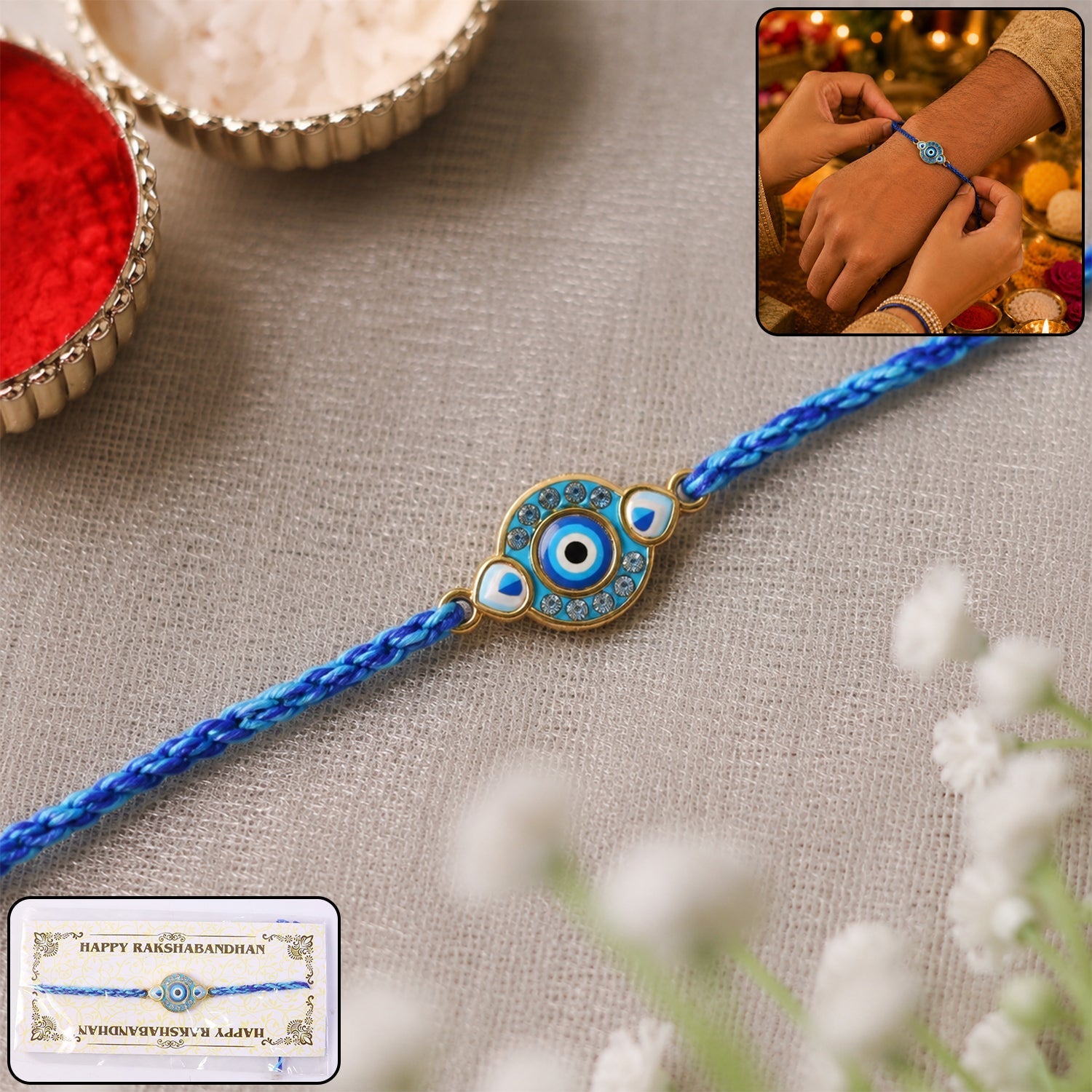 ALVENZA Blue Evil Eye Rakhi – Stylish and Protective for Raksha Bandhan