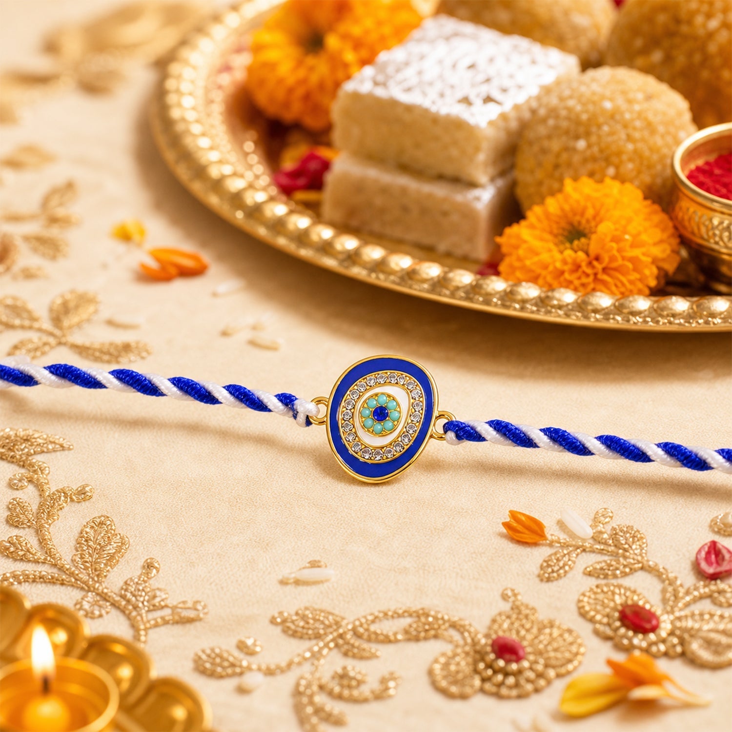 ALVENZA Blue Round Stone Rakhi – Stylish & Traditional Gifting