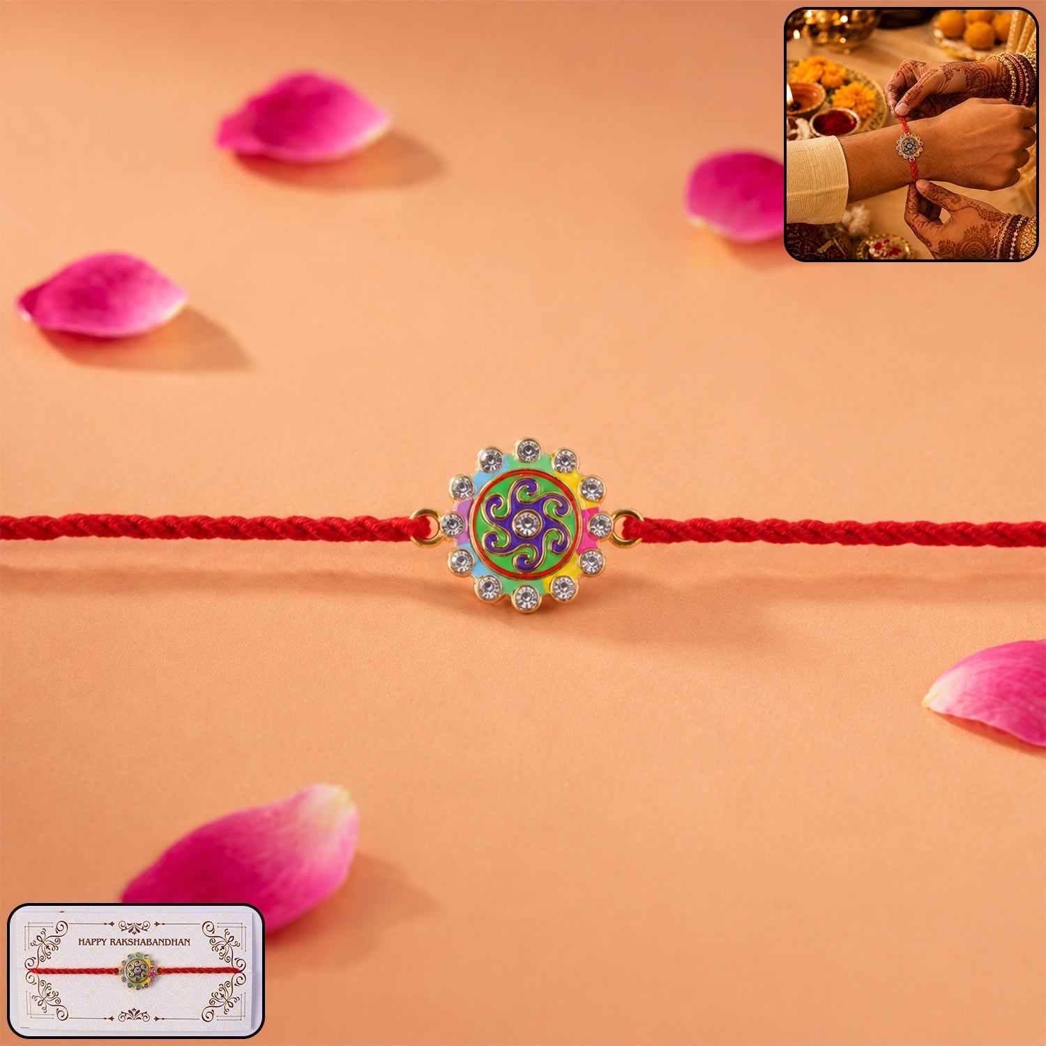 ALVENZA Colorful Round Stone Rakhi – Elegant Brother Gift for Raksha Bandhan