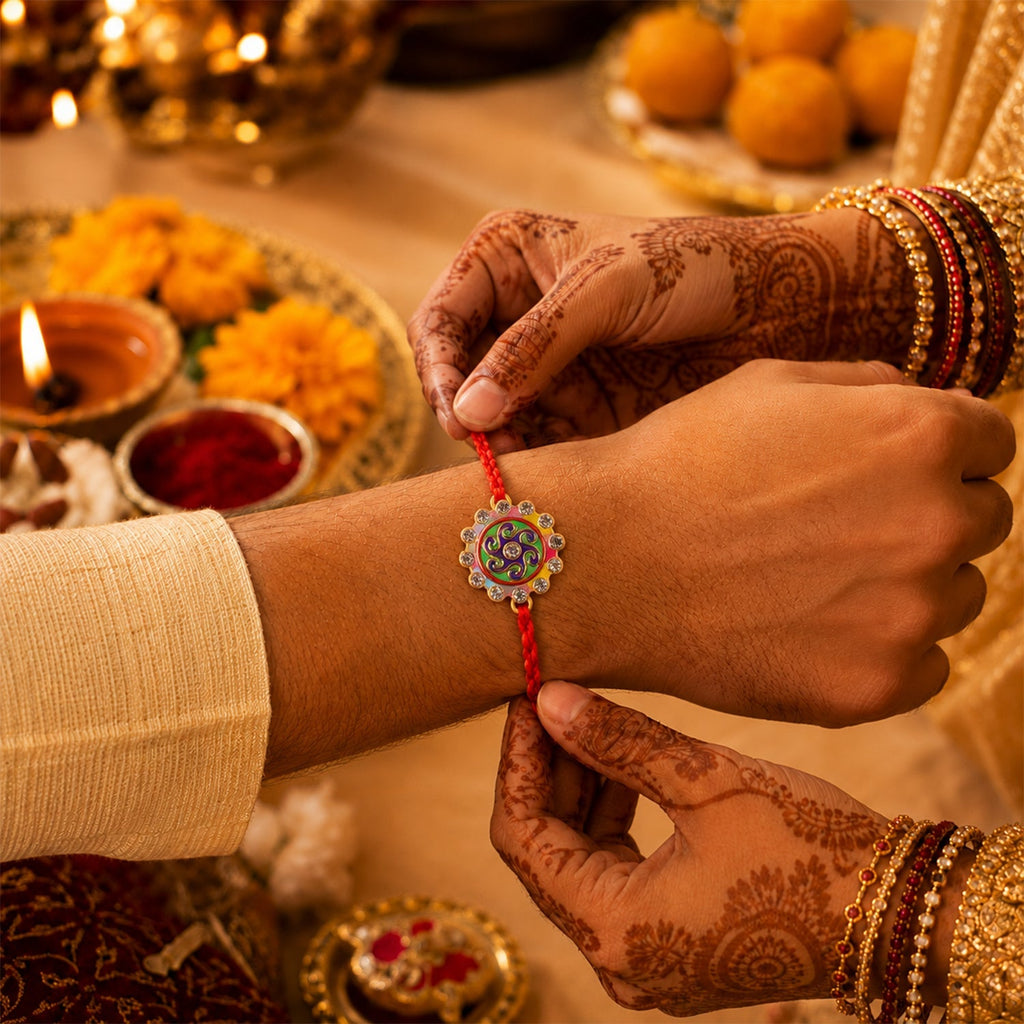 ALVENZA Colorful Round Stone Rakhi – Elegant Brother Gift for Raksha Bandhan