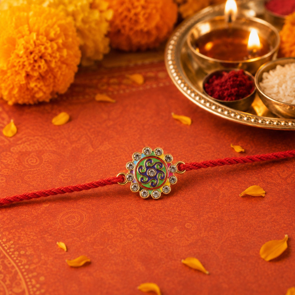 ALVENZA Colorful Round Stone Rakhi – Elegant Brother Gift for Raksha Bandhan