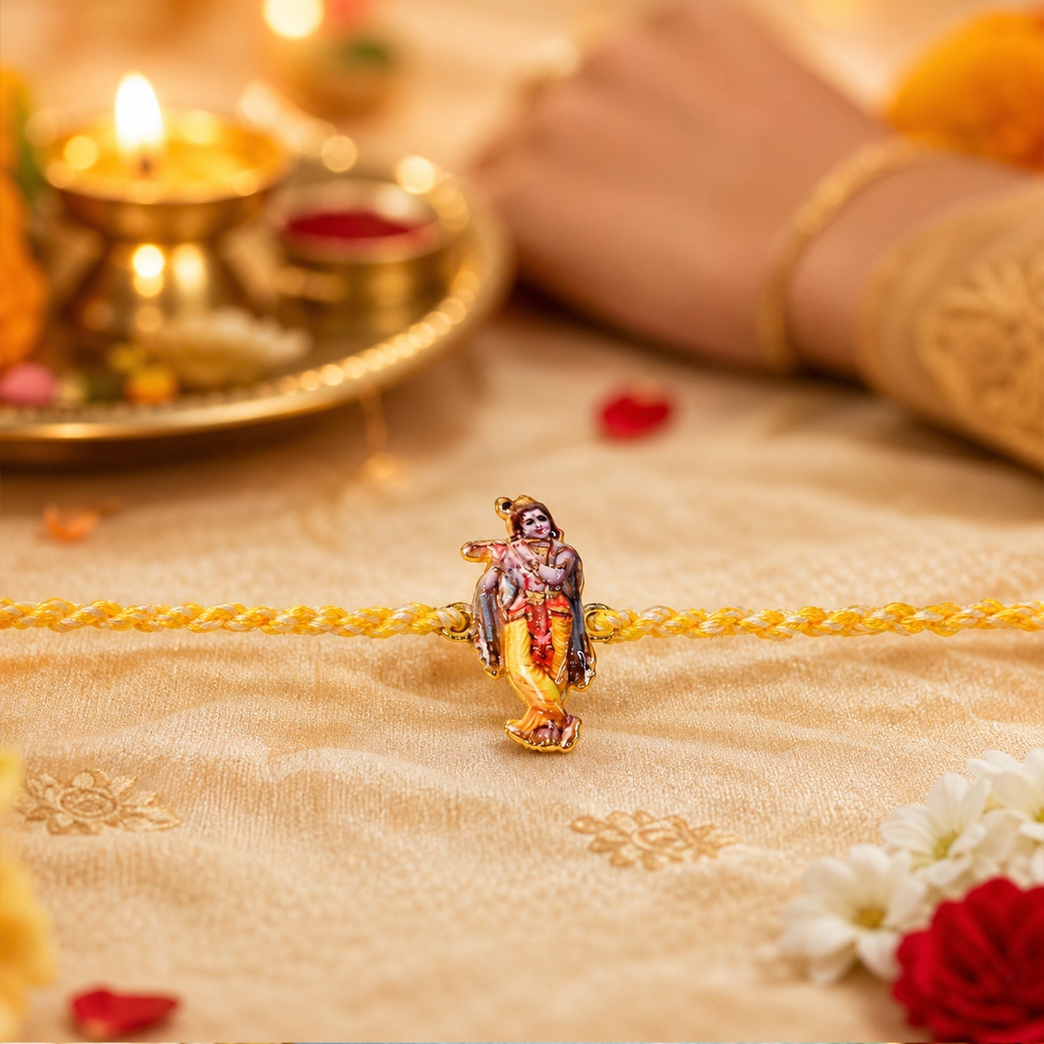 ALVENZA Krishna Flute Charm Rakhi – Stylish & Lightweight Dori Design
