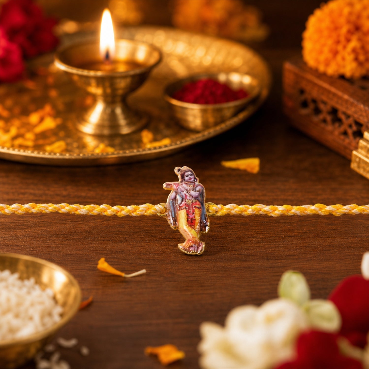 ALVENZA Krishna Flute Charm Rakhi – Stylish & Lightweight Dori Design