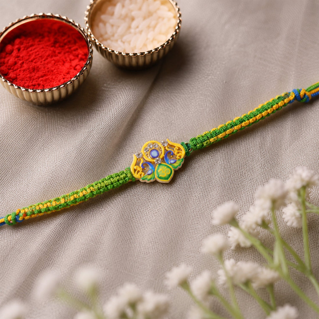 ALVENZA Green Om Peacock Rakhi – Elegant, Lightweight & Stylish for Brothers