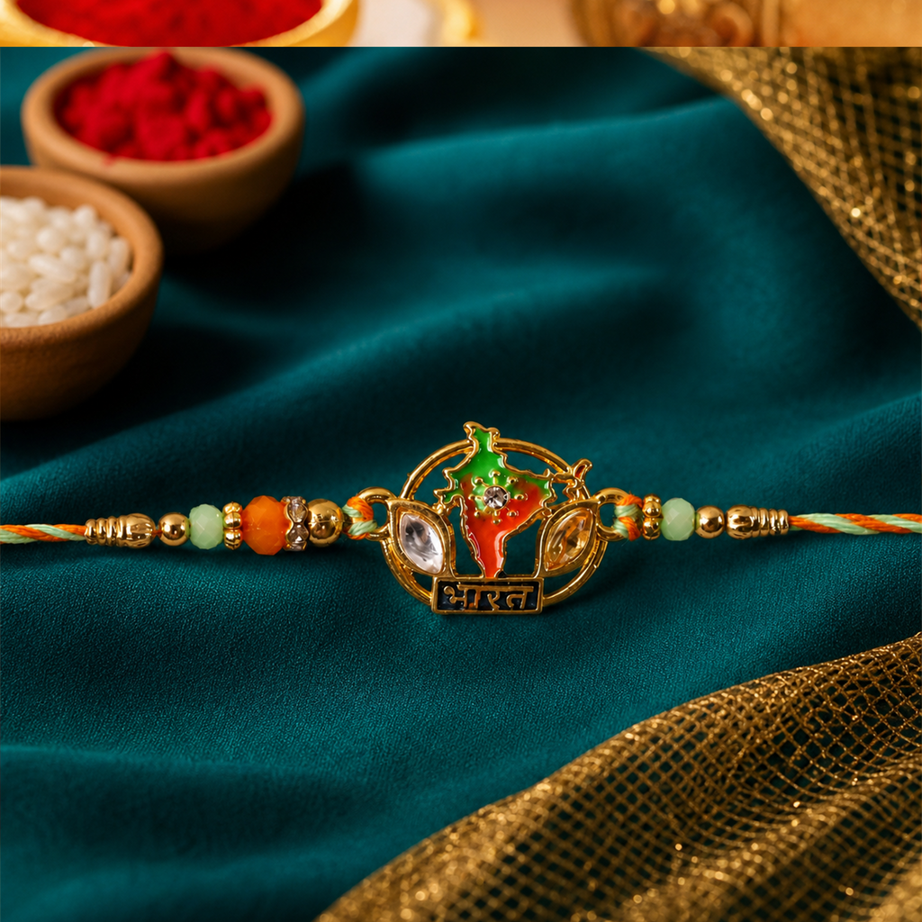 ALVENZA Bharat Map Charm Rakhi – Elegant Beaded Design for Rakshabandhan