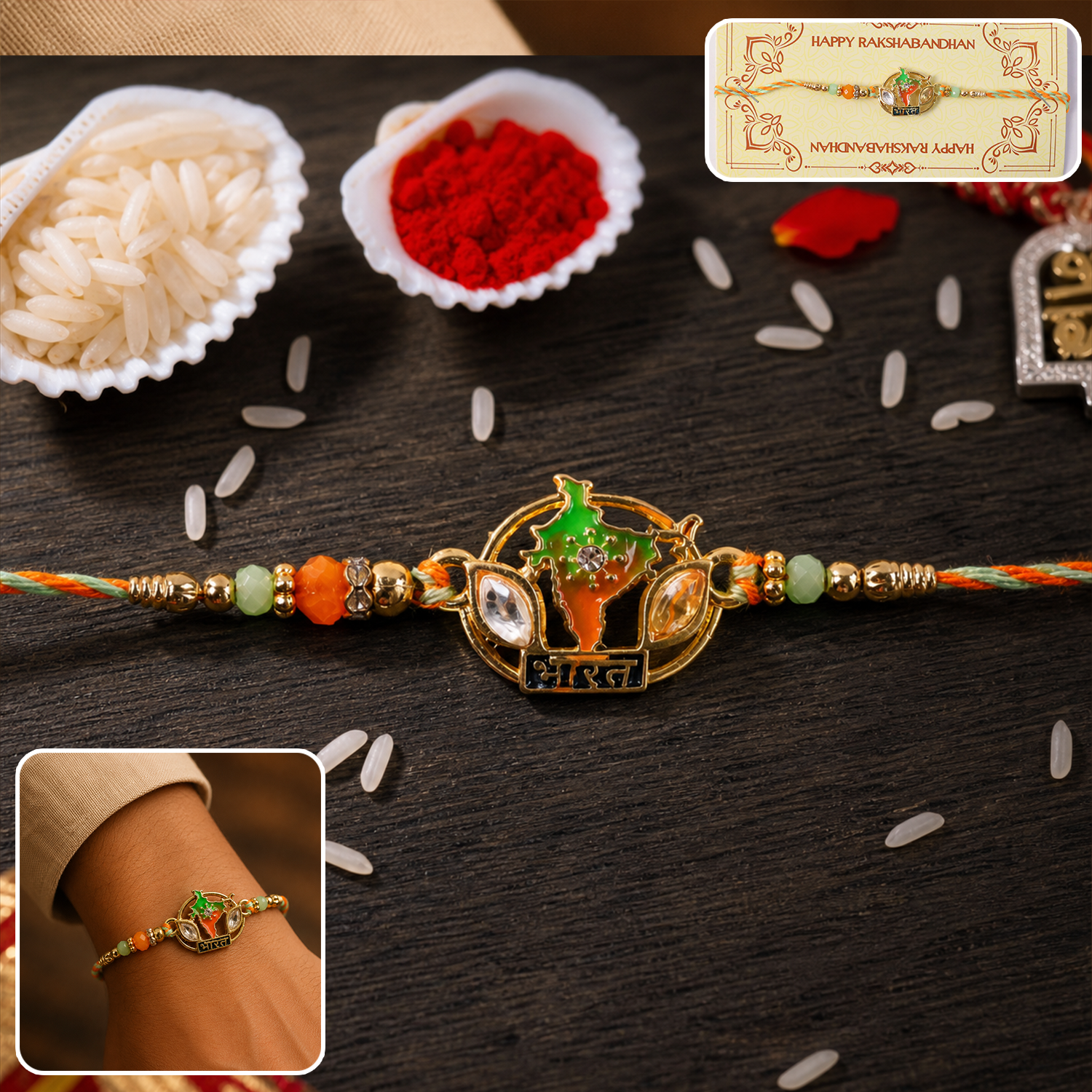 ALVENZA Bharat Map Charm Rakhi – Elegant Beaded Design for Rakshabandhan