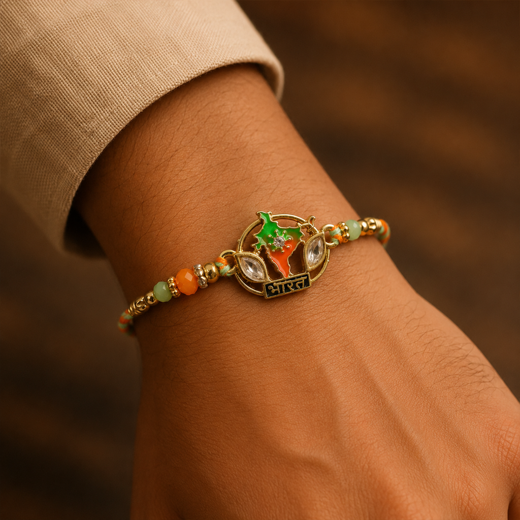 ALVENZA Bharat Map Charm Rakhi – Elegant Beaded Design for Rakshabandhan