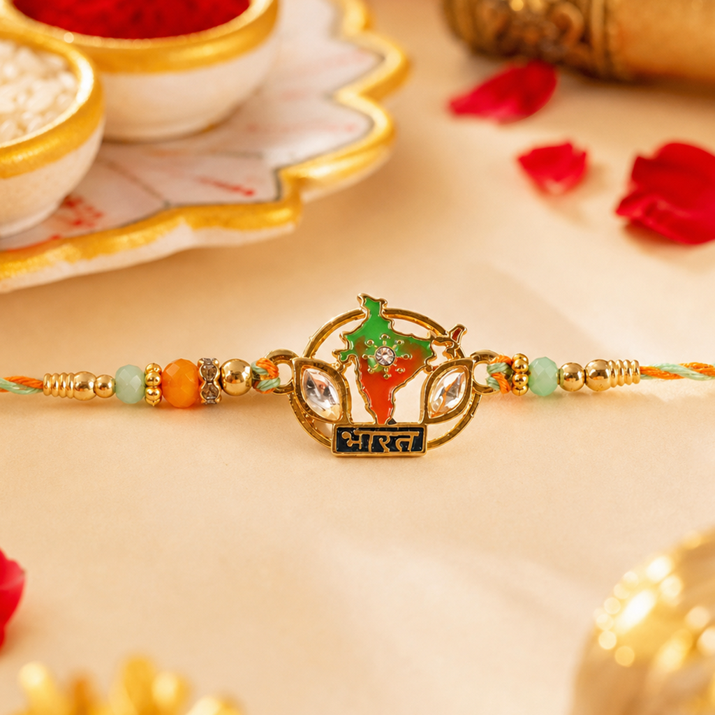 ALVENZA Bharat Map Charm Rakhi – Elegant Beaded Design for Rakshabandhan