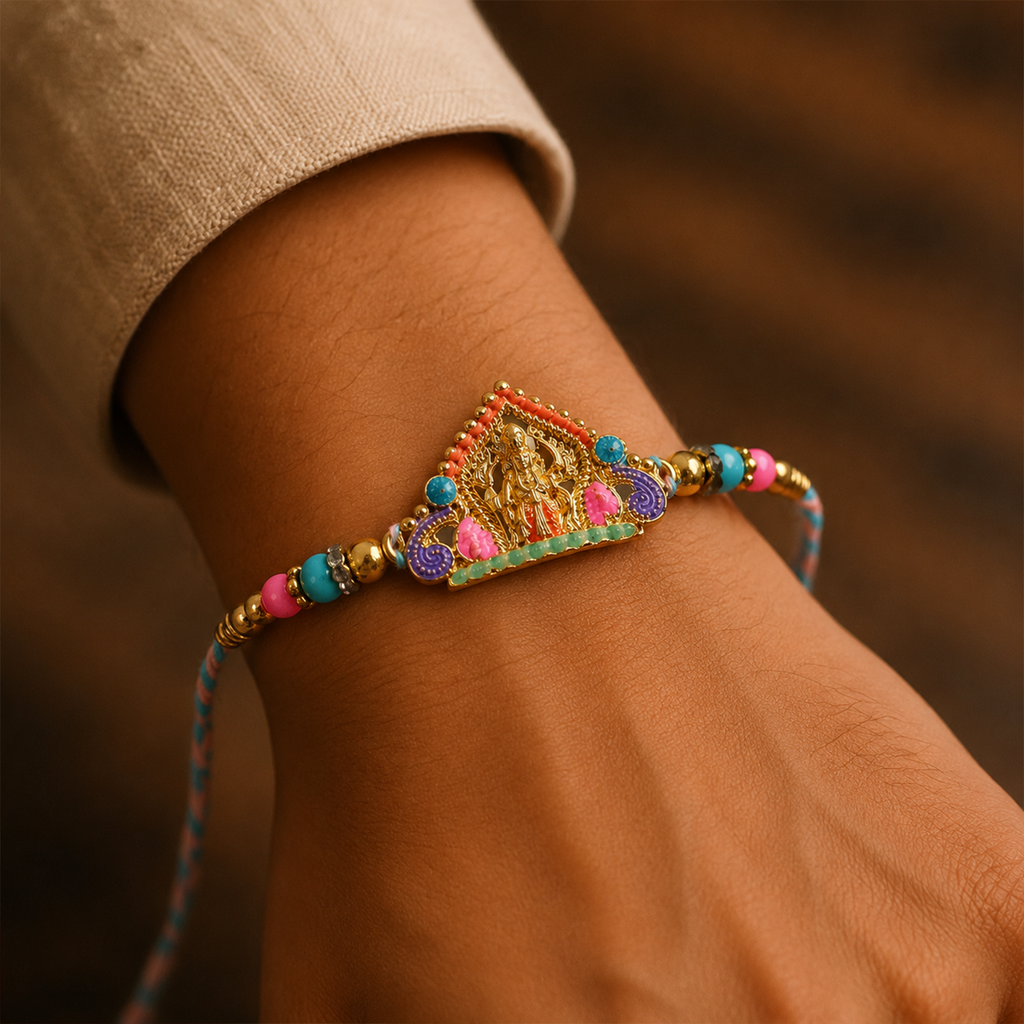 ALVENZA Rakhi – Elegant Divine Idol Charm with Colourful Beads for Rakshabandhan