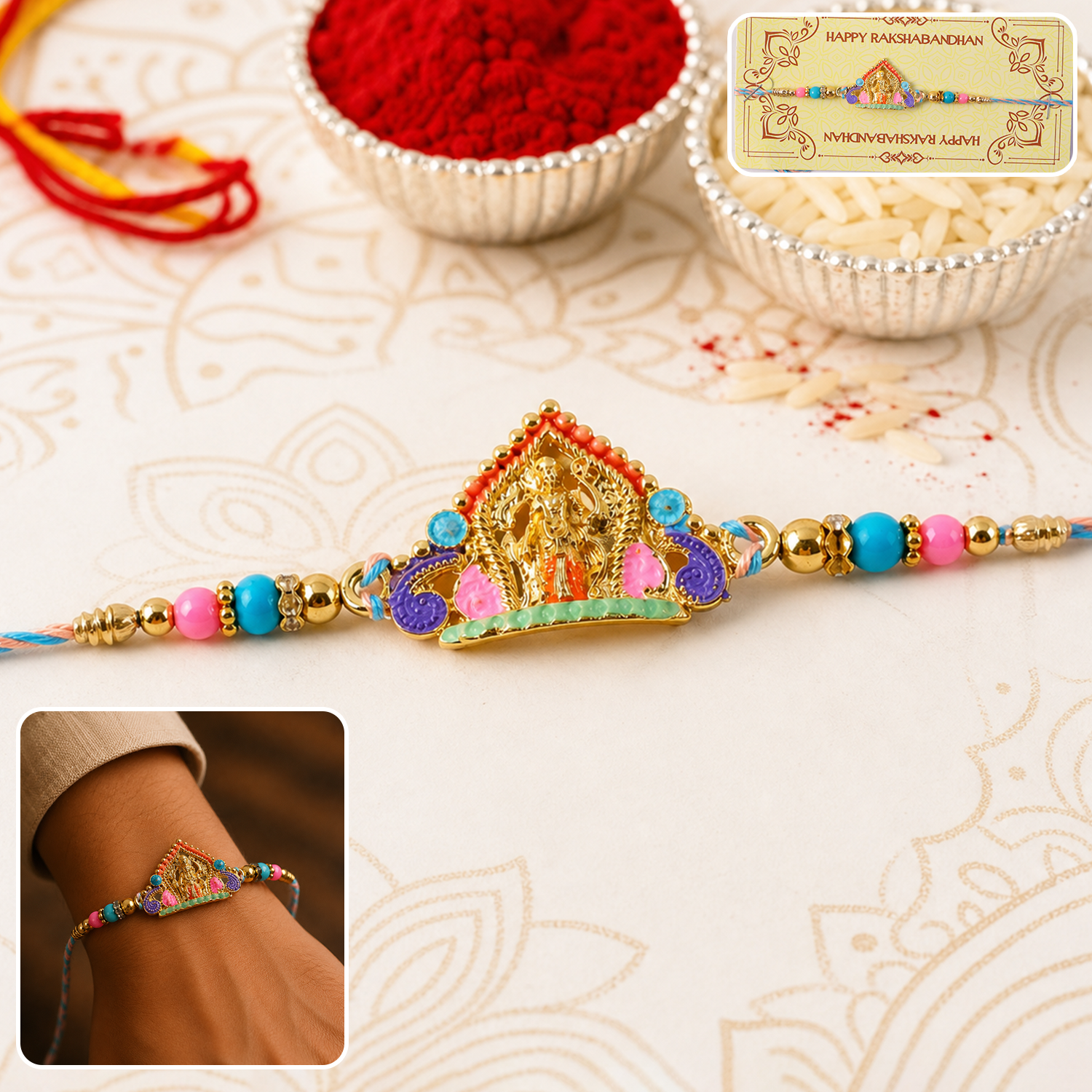 ALVENZA Rakhi – Elegant Divine Idol Charm with Colourful Beads for Rakshabandhan