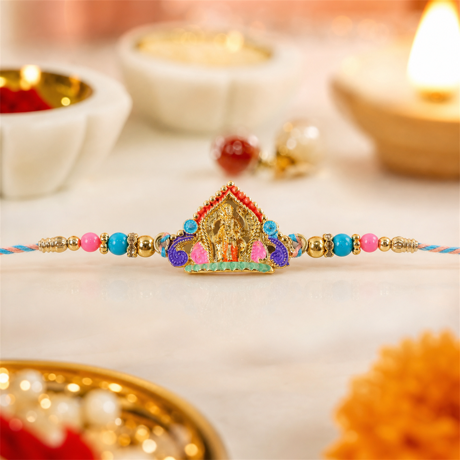 ALVENZA Rakhi – Elegant Divine Idol Charm with Colourful Beads for Rakshabandhan