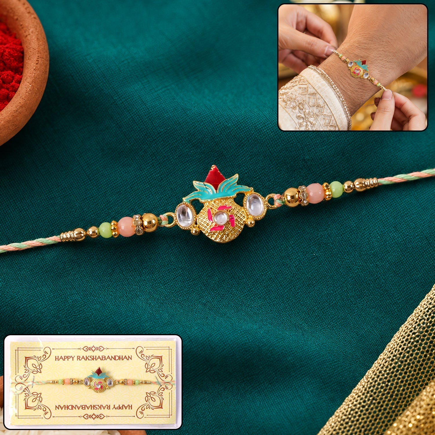 ALVENZA Kalash Kundan Rakhi, Traditional Beaded Festival Gift for Brothers