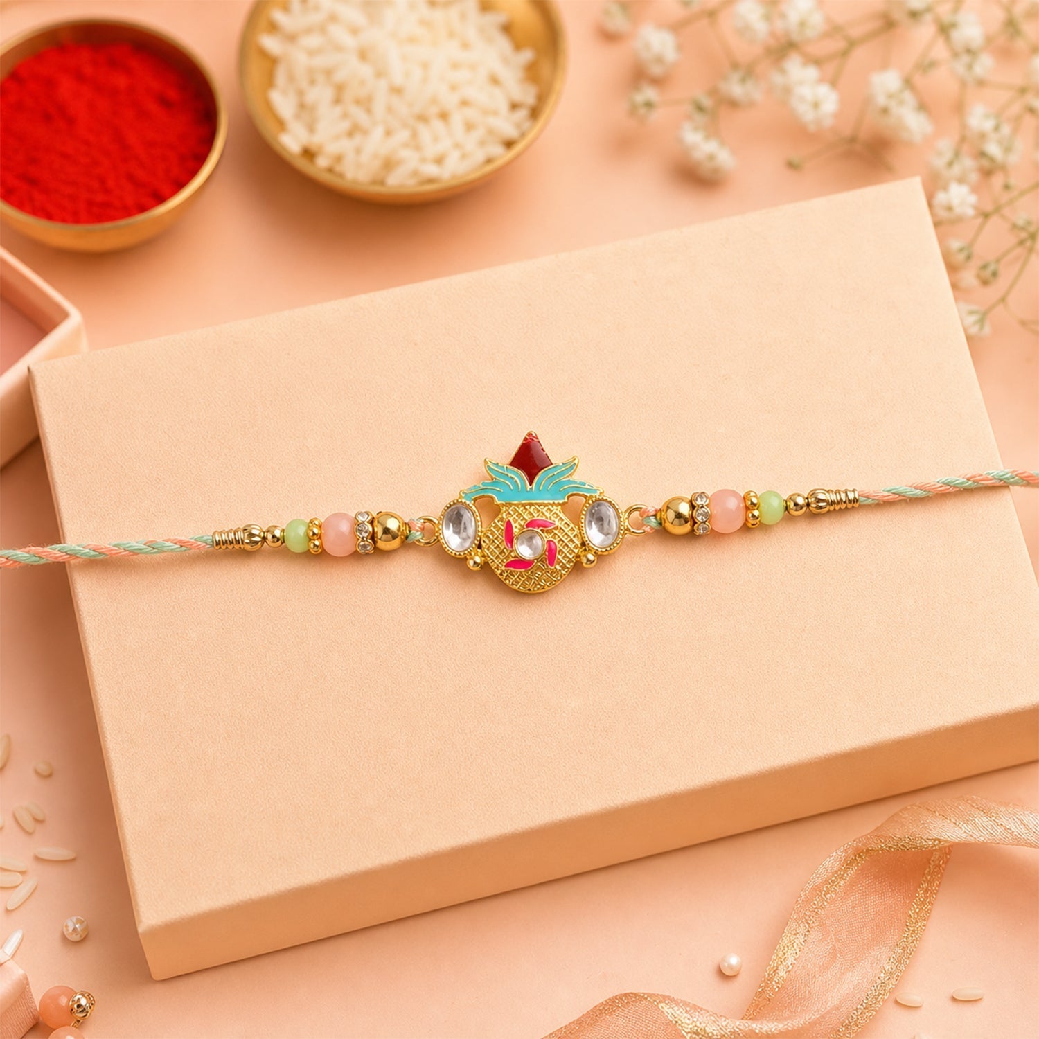 ALVENZA Kalash Kundan Rakhi, Traditional Beaded Festival Gift for Brothers