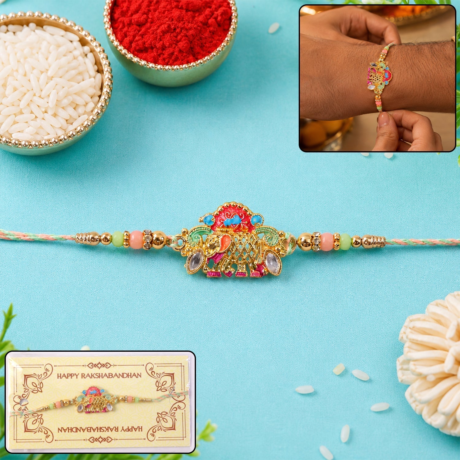 ALVENZA Rakhi - Colorful Elephant Beaded Rakhi for Rakshabandhan