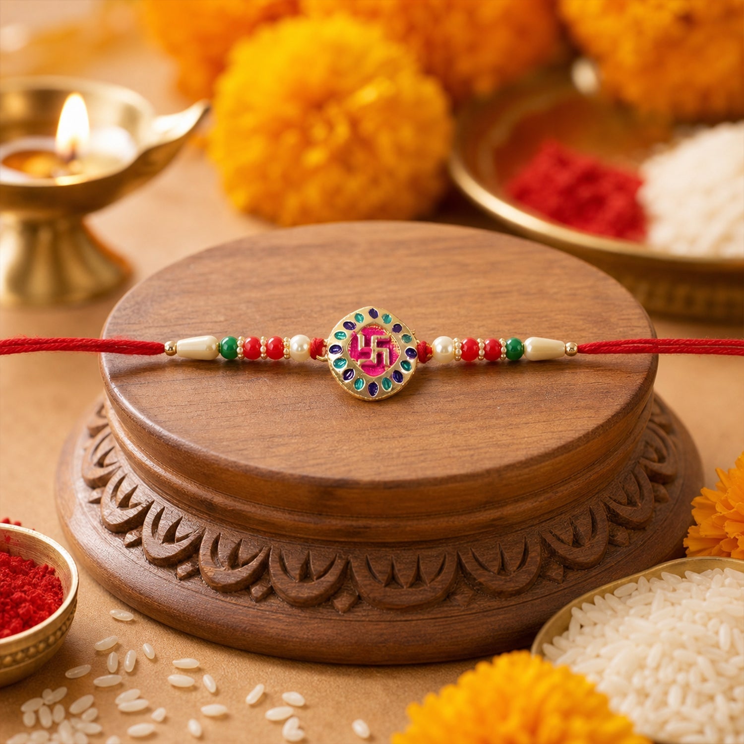 ALVENZA Auspicious Swastik Rakhi – Traditional & Stylish Beaded Design