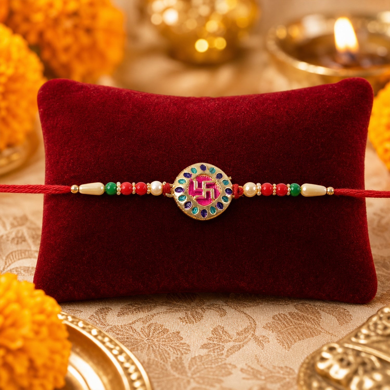 ALVENZA Auspicious Swastik Rakhi – Traditional & Stylish Beaded Design