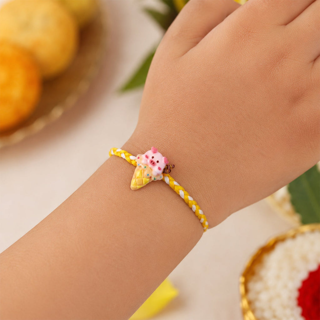 ALVENZA Cute Pig Rakhi - Whimsical Ice Cream & Pig Design, Lightweight & Unique