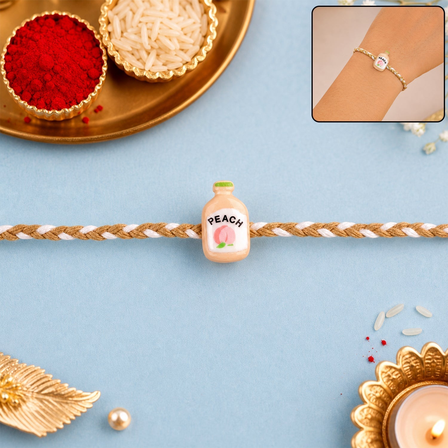 ALVENZA Peach Bottle Charm Rakhi - Elegant Festive Design for Brothers