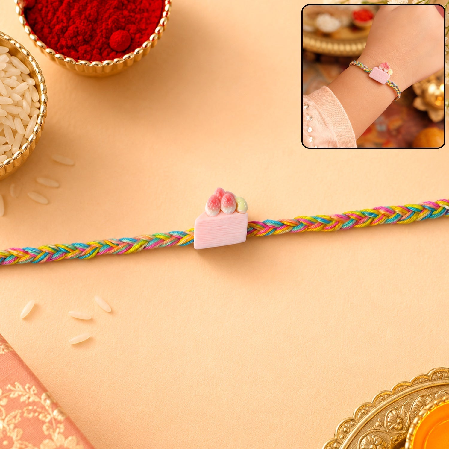 ALVENZA Strawberry Cake Charm Rakhi - Stylish & Lightweight for Brothers