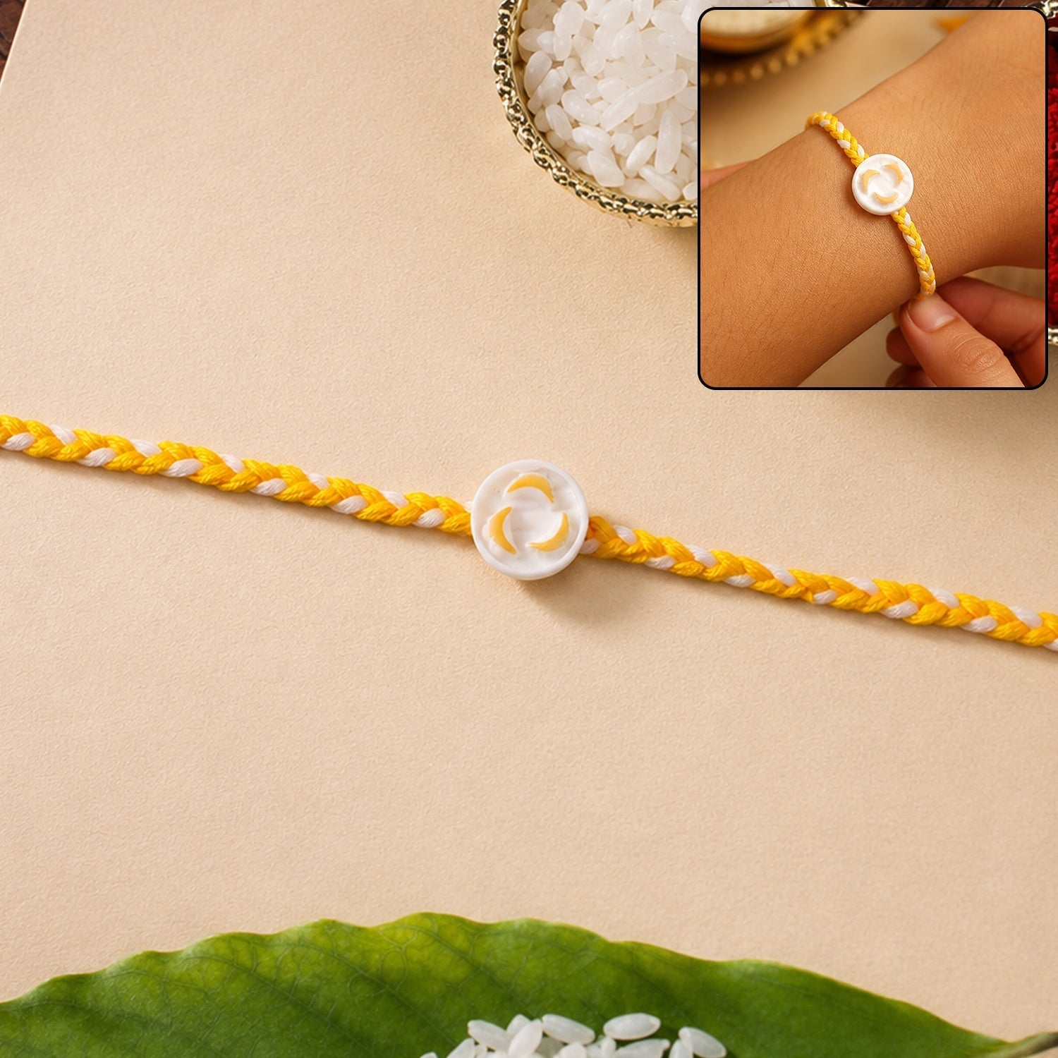 ALVENZA White Round Charm Rakhi, Stylish & Lightweight for Brothers