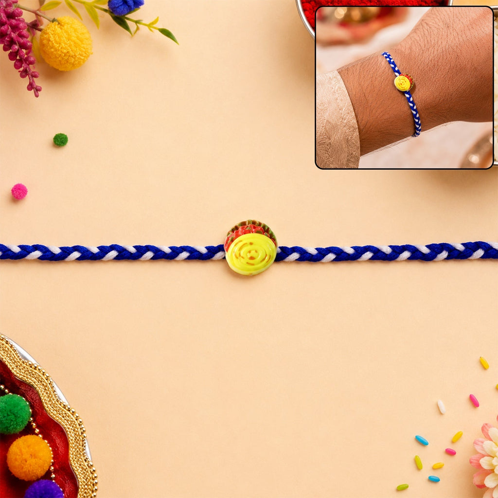 ALVENZA Yellow Sweet Dessert Dori Rakhi, Elegant & Festive Design