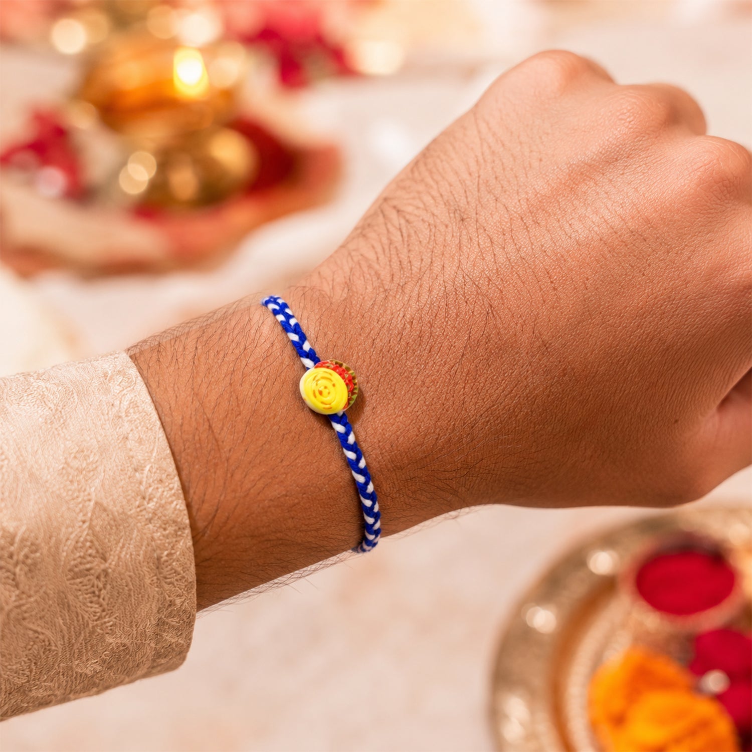 ALVENZA Yellow Sweet Dessert Dori Rakhi, Elegant & Festive Design