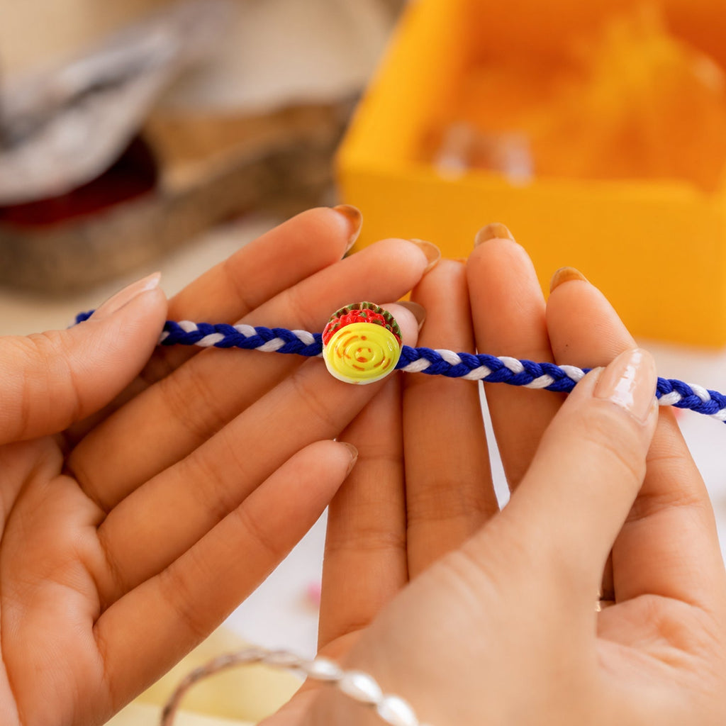 ALVENZA Yellow Sweet Dessert Dori Rakhi, Elegant & Festive Design