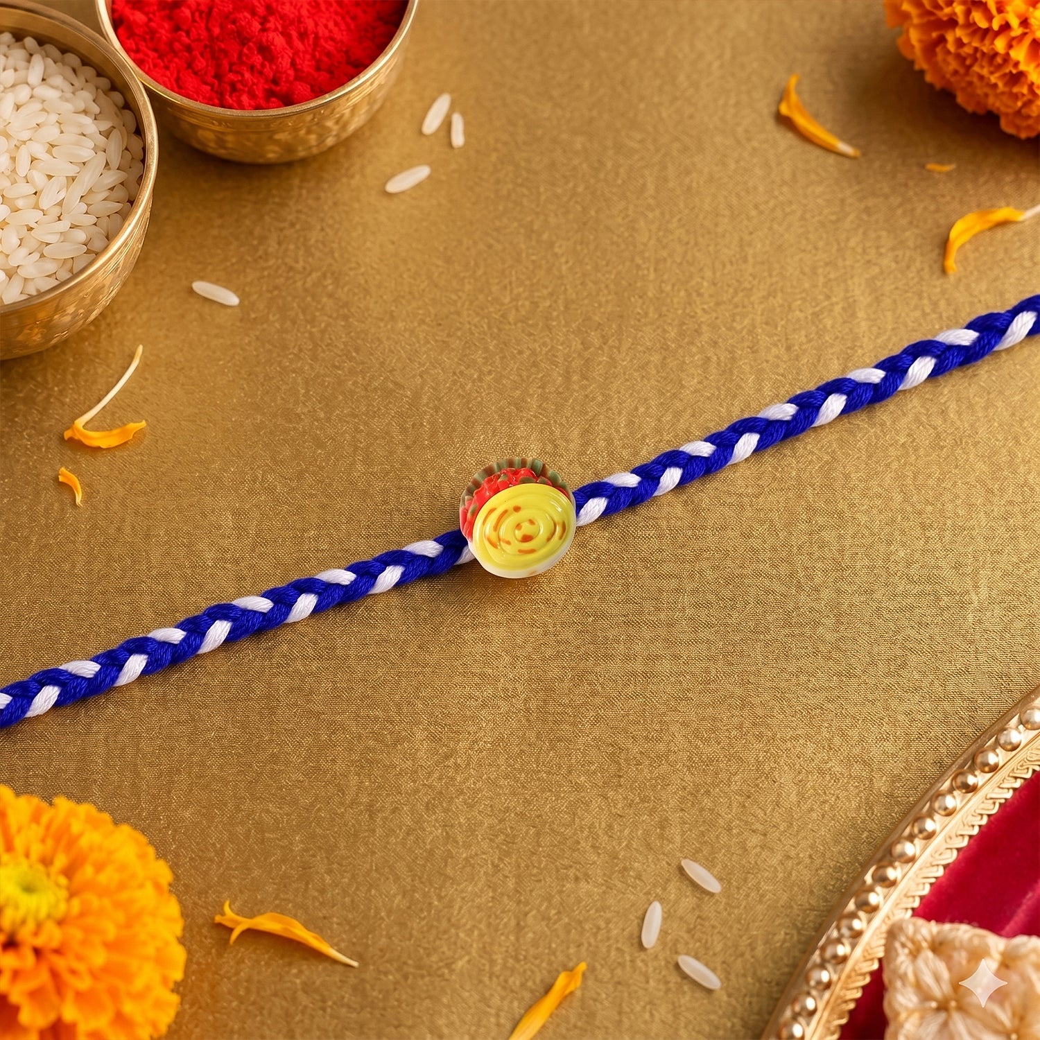 ALVENZA Yellow Sweet Dessert Dori Rakhi, Elegant & Festive Design