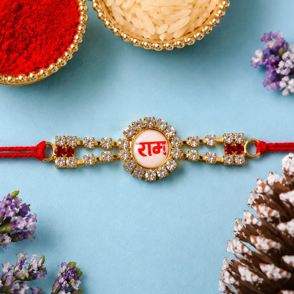 ALVENZA Ram Text Round Stone Studded Premium Designer Rakhi for Brother