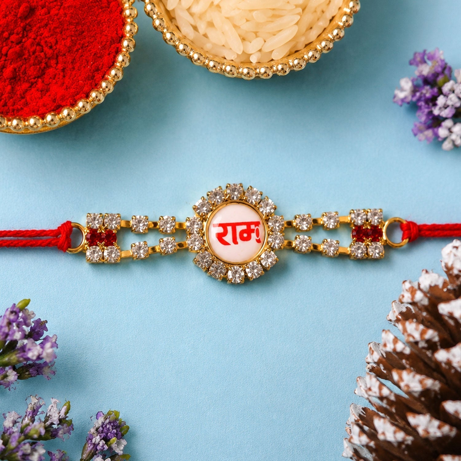 ALVENZA Ram Text Round Stone Studded Premium Designer Rakhi for Brother