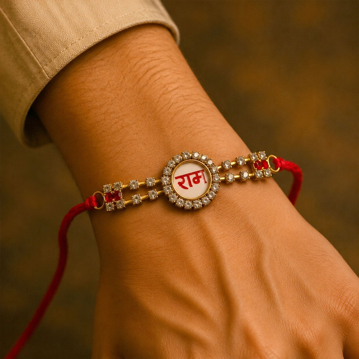 ALVENZA Ram Text Round Stone Studded Premium Designer Rakhi for Brother