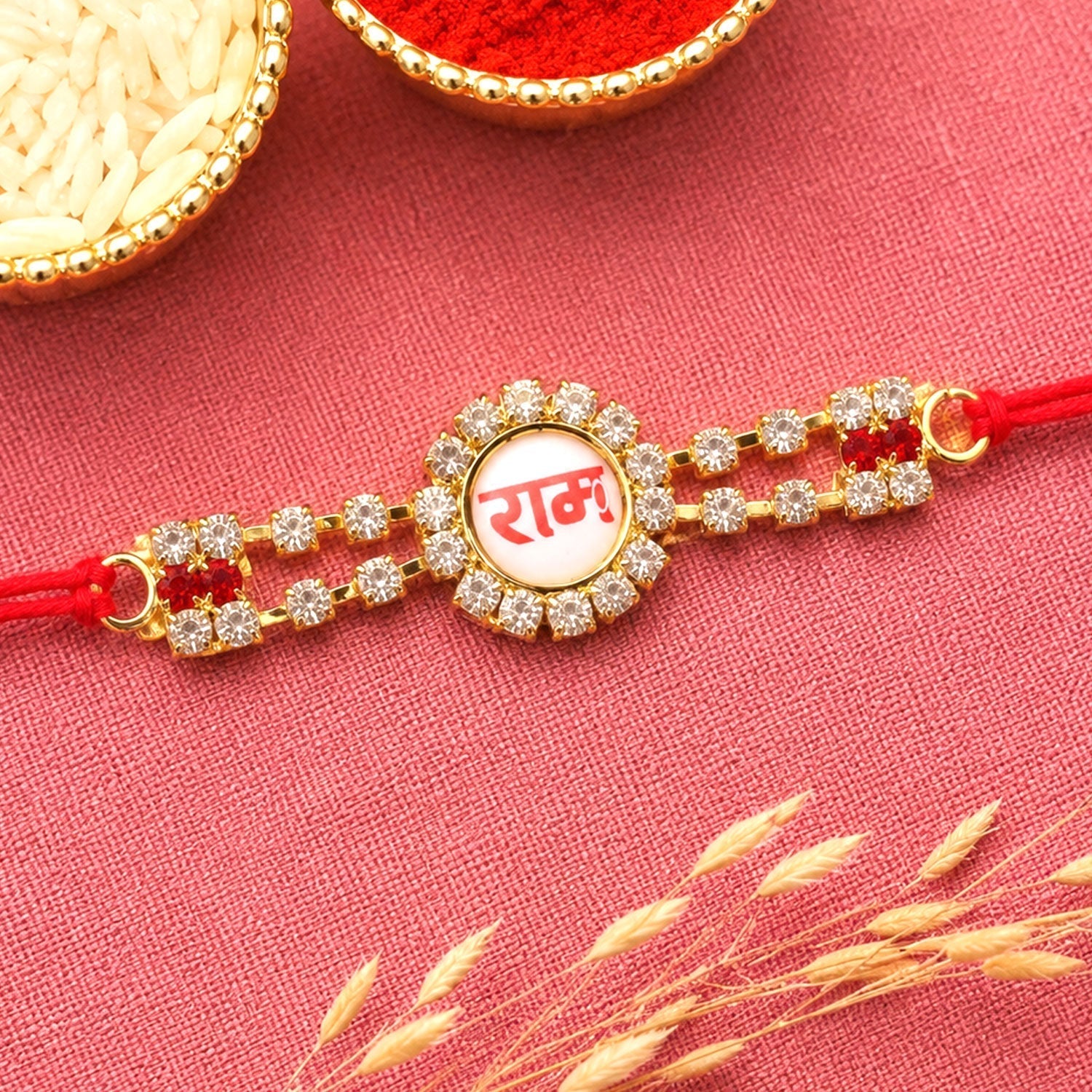 ALVENZA Ram Text Round Stone Studded Premium Designer Rakhi for Brother