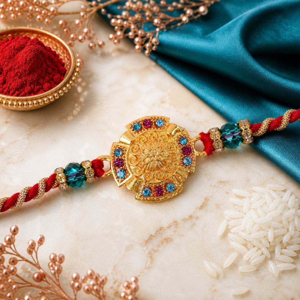 ALVENZA Round Floral Medallion Premium Beaded Designer Rakhi for Brother