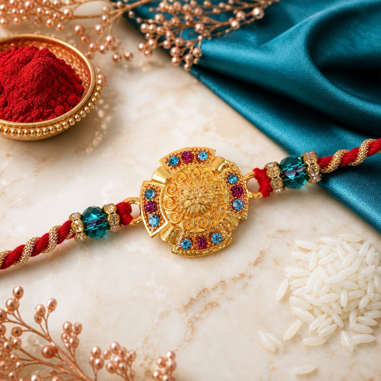 ALVENZA Round Floral Medallion Premium Beaded Designer Rakhi for Brother