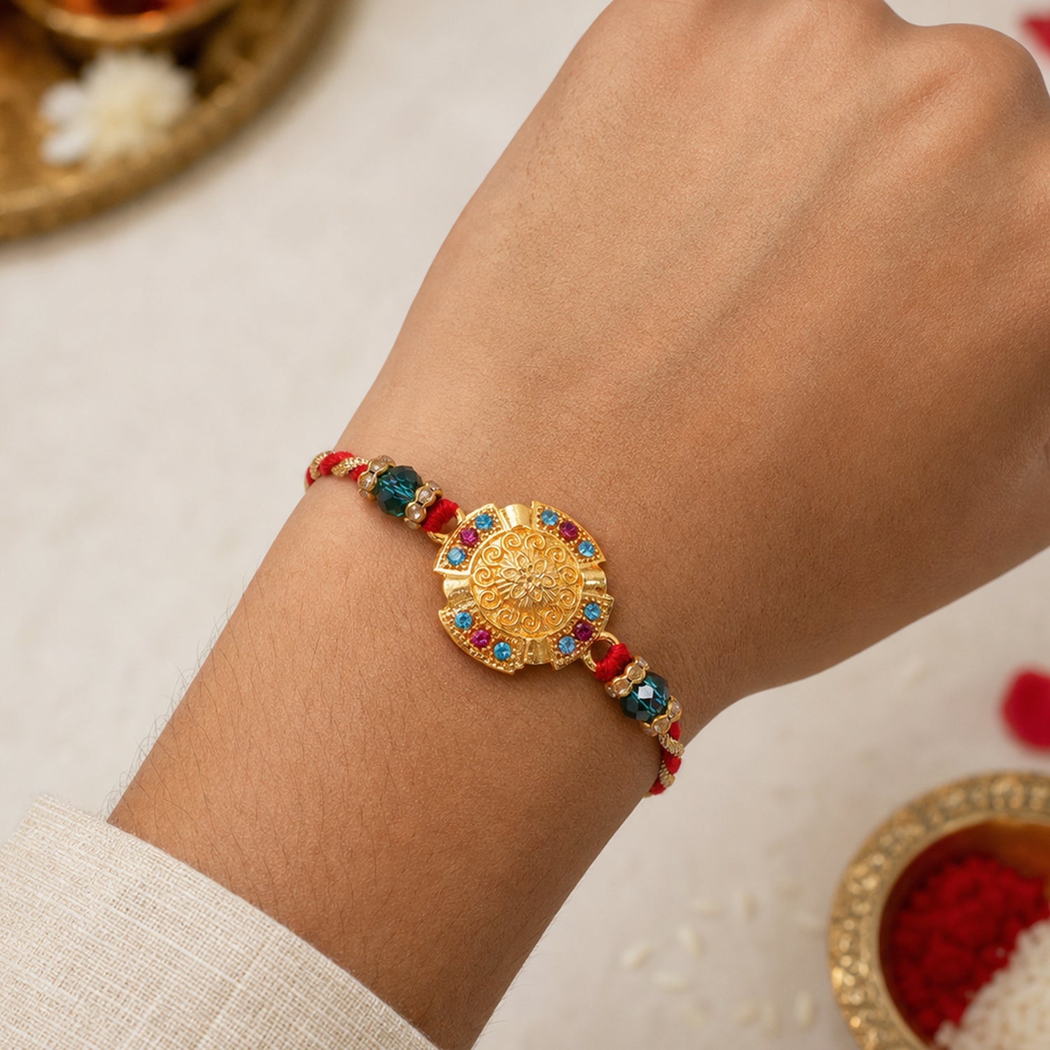 ALVENZA Round Floral Medallion Premium Beaded Designer Rakhi for Brother