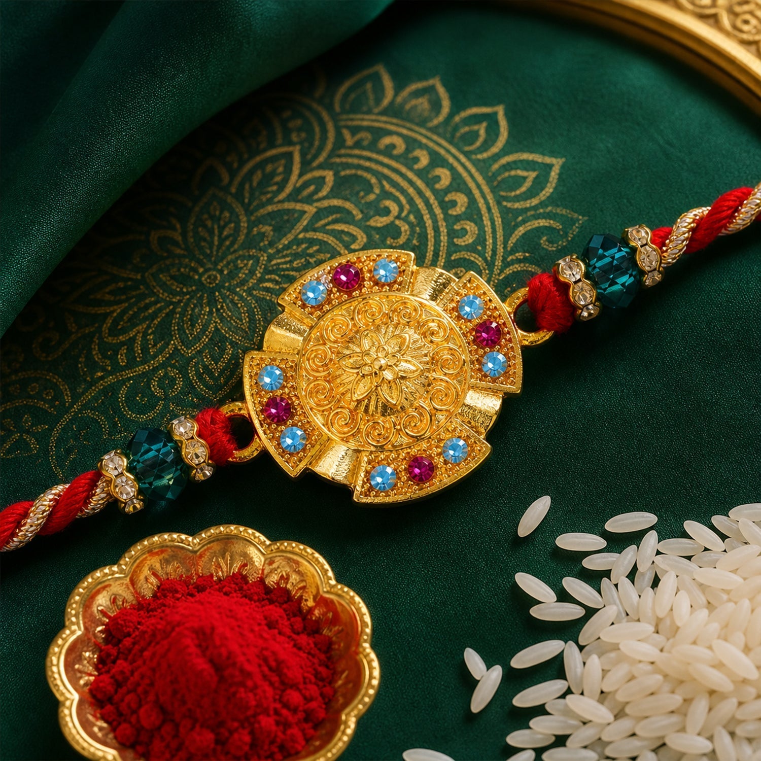 ALVENZA Round Floral Medallion Premium Beaded Designer Rakhi for Brother