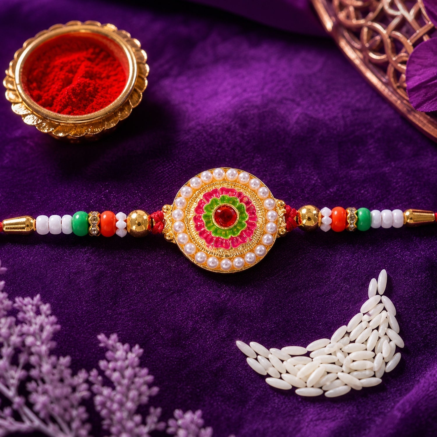 ALVENZA Round Floral Stone Studded Premium Designer Rakhi for Brother
