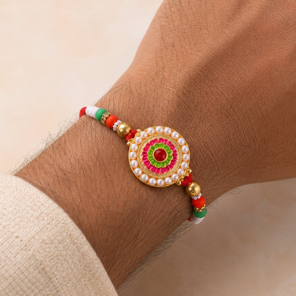 ALVENZA Round Floral Stone Studded Premium Designer Rakhi for Brother