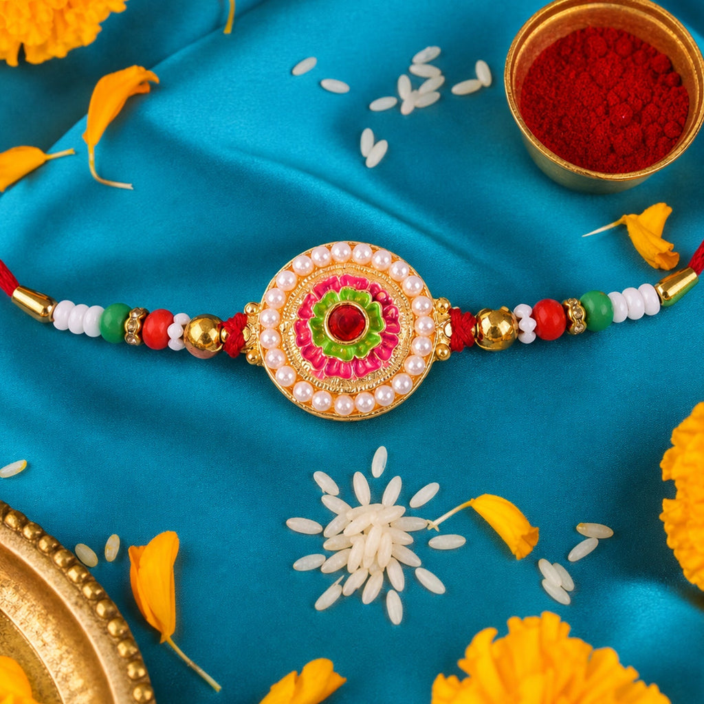 ALVENZA Round Floral Stone Studded Premium Designer Rakhi for Brother