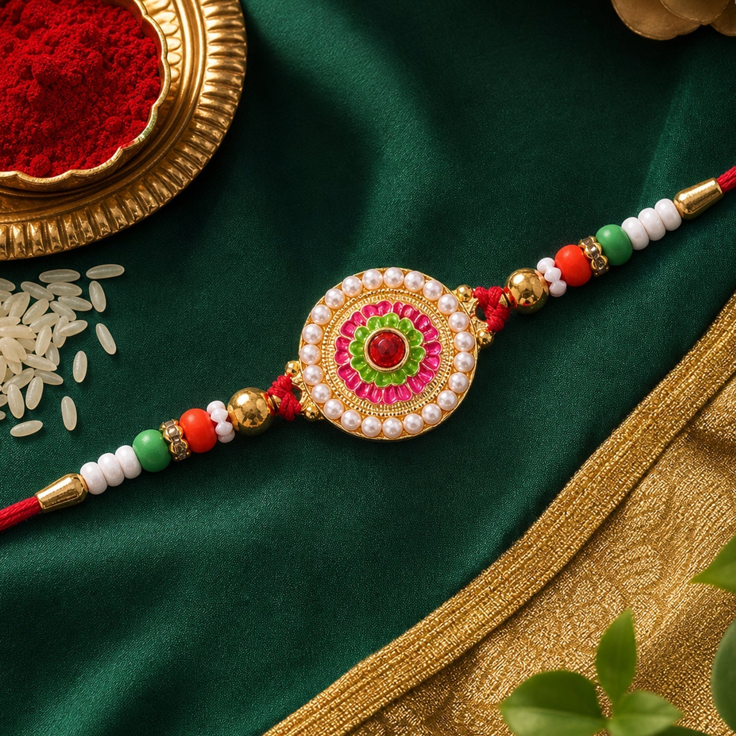 ALVENZA Round Floral Stone Studded Premium Designer Rakhi for Brother