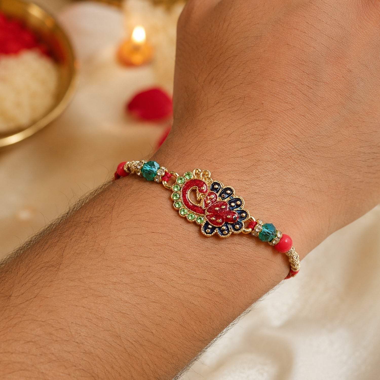ALVENZA Peacock Paisley Stone Studded Premium Designer Rakhi for Brother