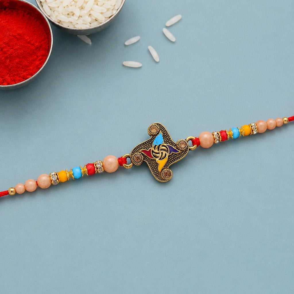 ALVENZA Golden Antique Meenakari Rakhi with Stones & Pearls - Rakhi for Brother
