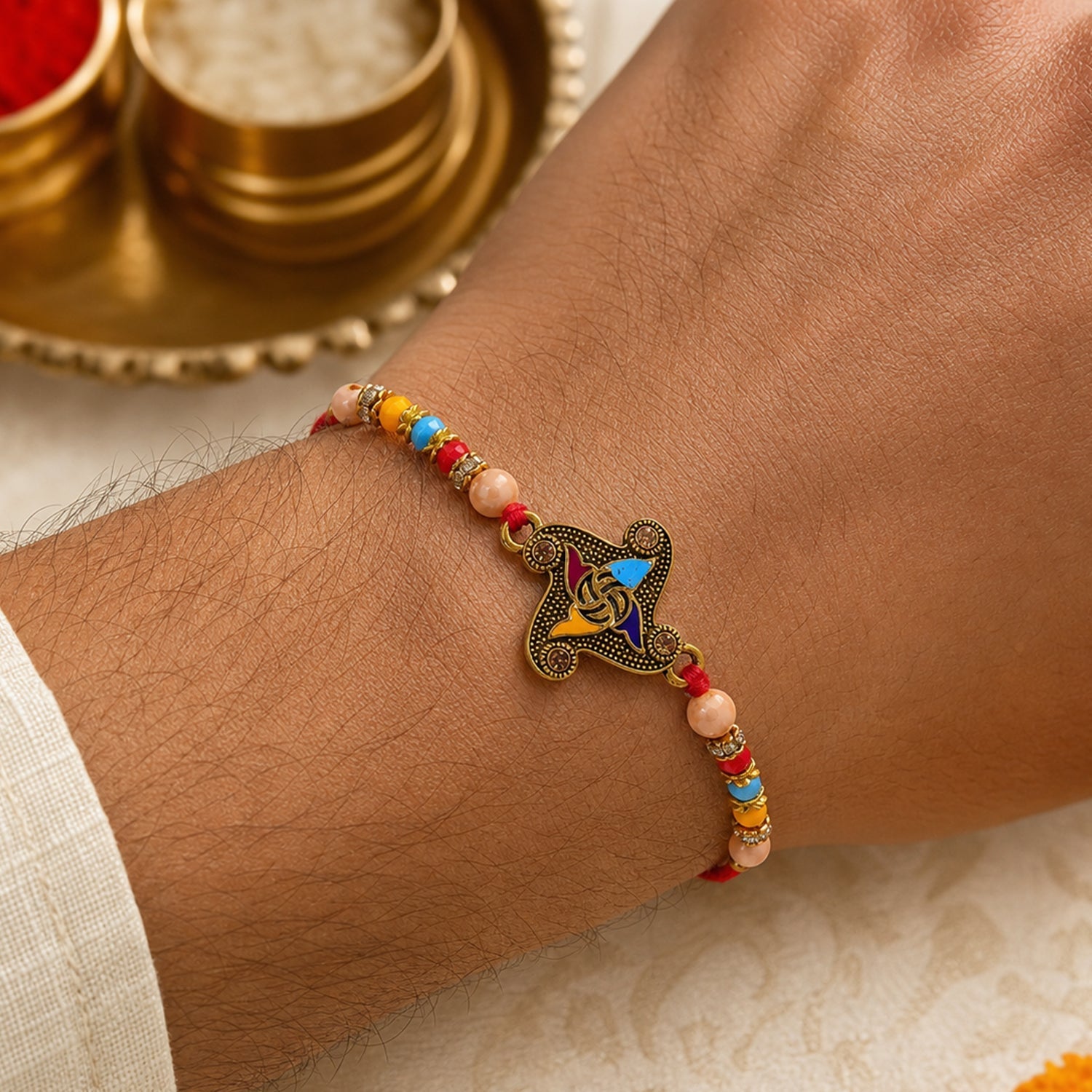 ALVENZA Golden Antique Meenakari Rakhi with Stones & Pearls - Rakhi for Brother