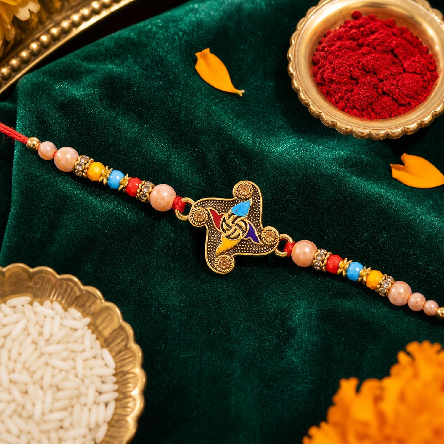ALVENZA Golden Antique Meenakari Rakhi with Stones & Pearls - Rakhi for Brother