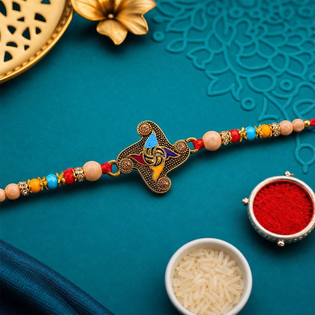 ALVENZA Golden Antique Meenakari Rakhi with Stones & Pearls - Rakhi for Brother