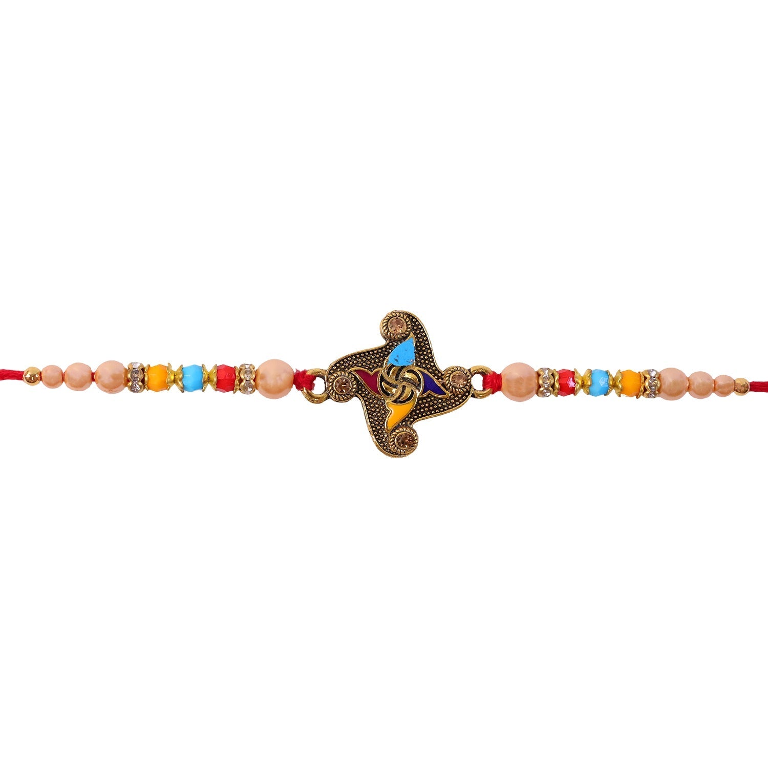 ALVENZA Golden Antique Meenakari Rakhi with Stones & Pearls - Rakhi for Brother