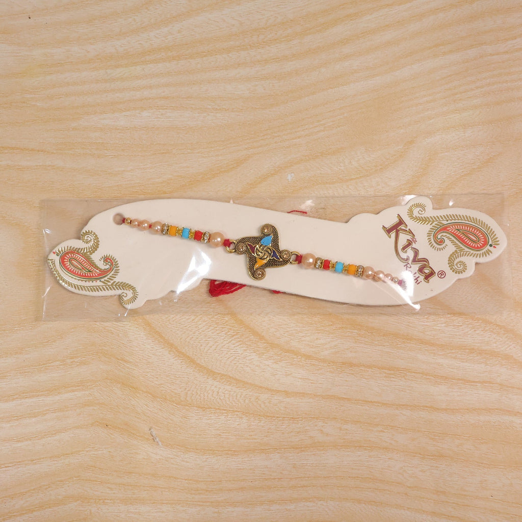 ALVENZA Golden Antique Meenakari Rakhi with Stones & Pearls - Rakhi for Brother