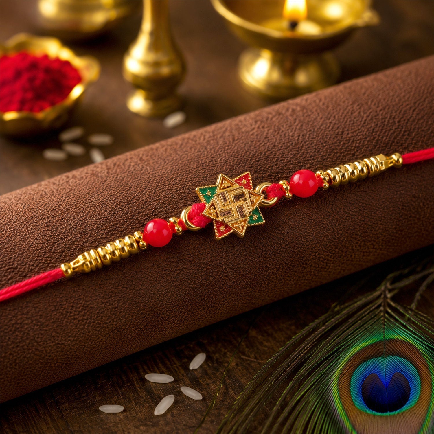 ALVENZA Golden Swastik Motif Rakhi with Enamel & Beadwork - Rakhi for Brother