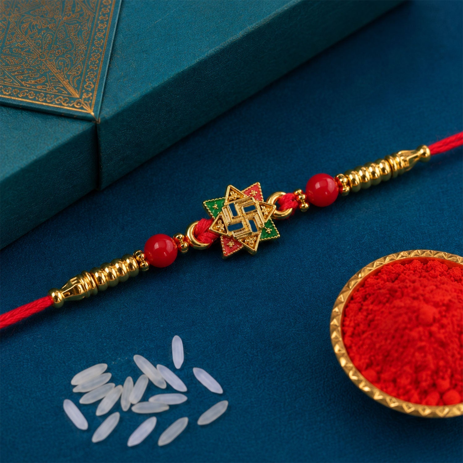 ALVENZA Golden Swastik Motif Rakhi with Enamel & Beadwork - Rakhi for Brother